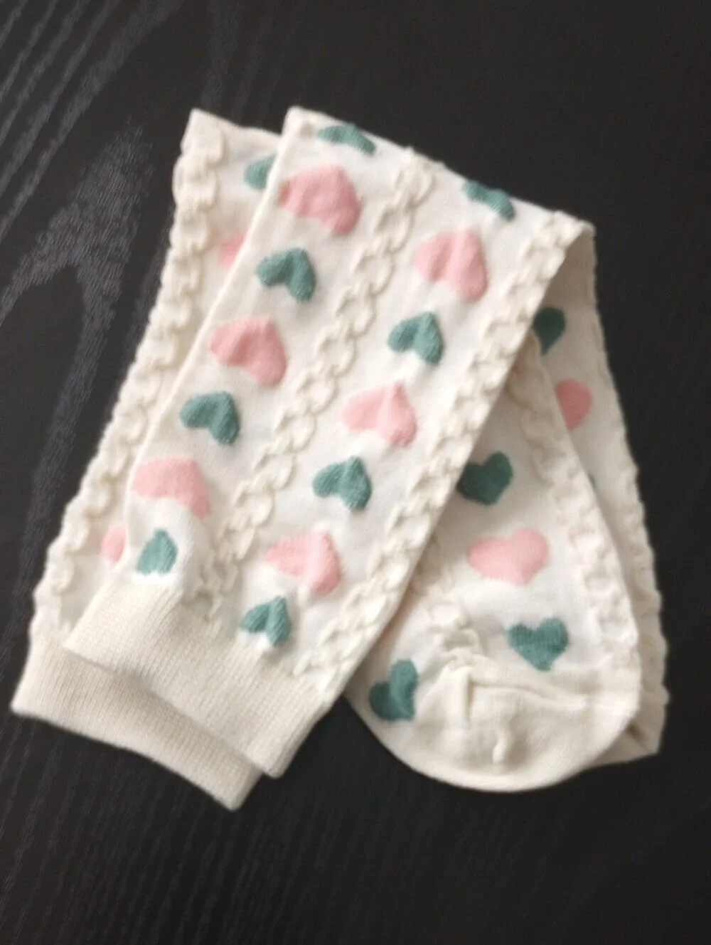 Cream Mid-calf Cable Knit Socks with Pink & Green Heart Pattern